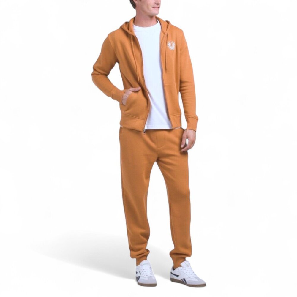 True Religion Men 2 Piece Sweatsuit Fleece Tracksuit Hoodie Joggers Pumpkin NWT